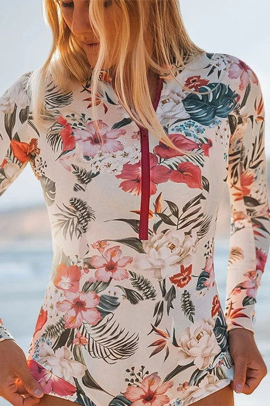 Pink Floral Zip Long Sleeve UPF50 Rash Guard - steven wick