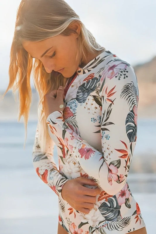 Pink Floral Zip Long Sleeve UPF50 Rash Guard - steven wick