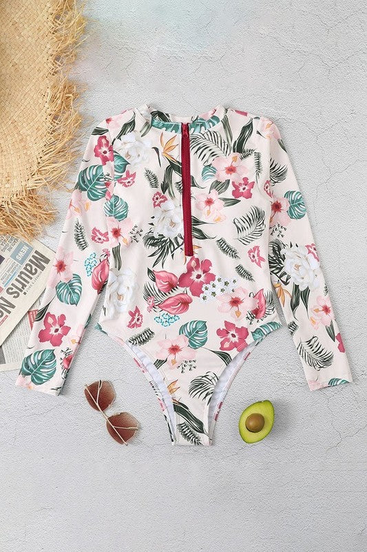 Pink Floral Zip Long Sleeve UPF50 Rash Guard - steven wick