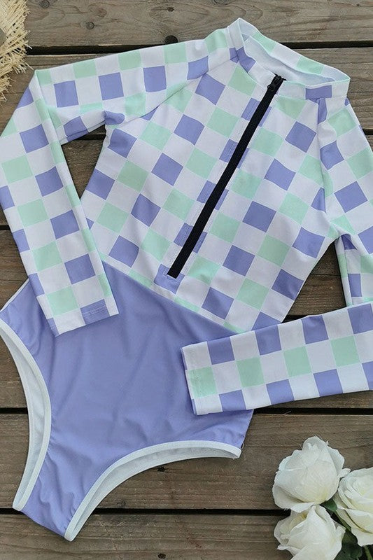 Plaid Printed Long Sleeve Swimsuit UPF50 Rash Guard - steven wick