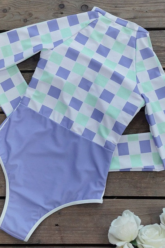 Plaid Printed Long Sleeve Swimsuit UPF50 Rash Guard - steven wick