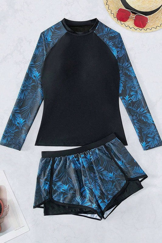 Tropical High Neck Shorts Long Sleeve Swimsuit - steven wick