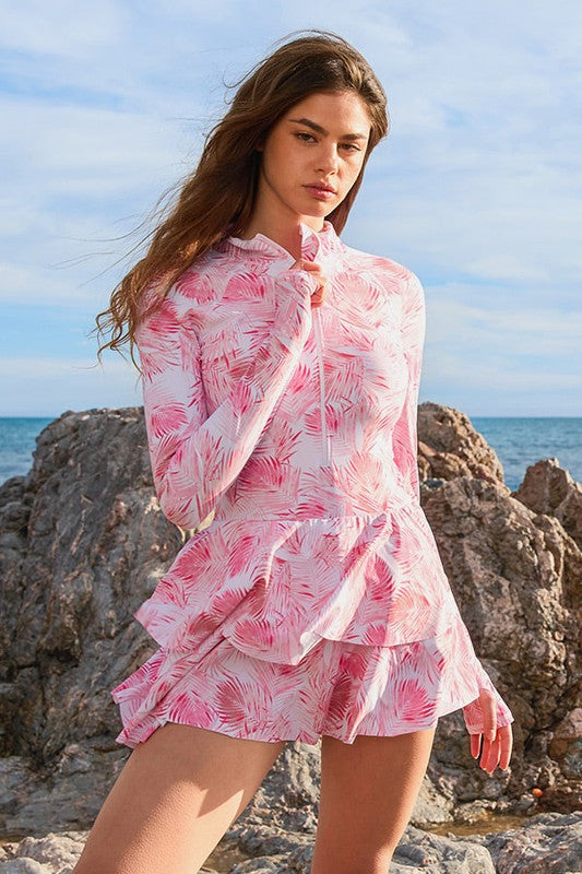 One-Piece Long Sleeve UPF50 Ruffle Skirt Swim Suit - steven wick