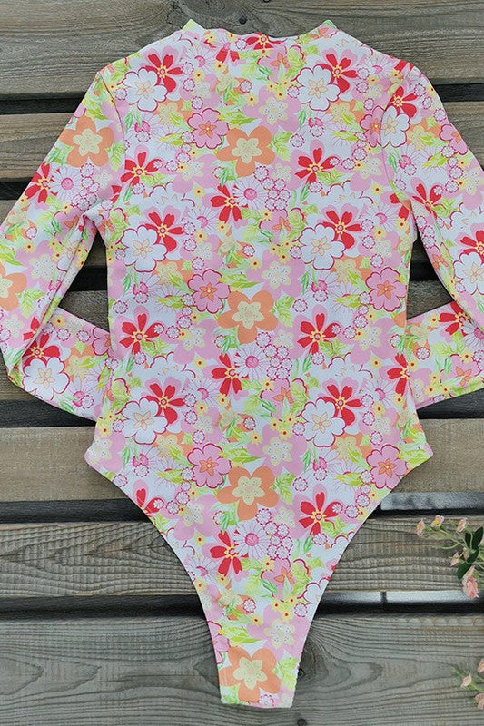 Floral Print One Piece Long Sleeve UPF50 Swimsuit - steven wick