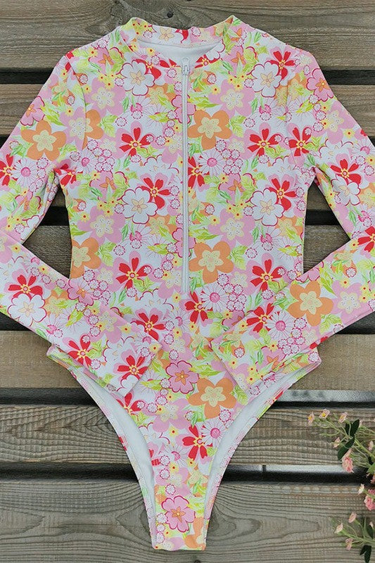 Floral Print One Piece Long Sleeve UPF50 Swimsuit - steven wick