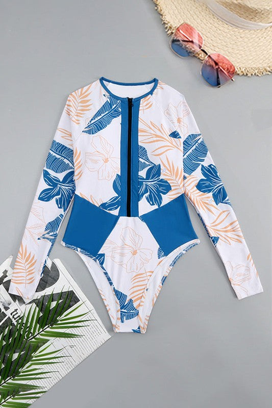 Blue Tropical LongSleeve OnePiece Surfing Swimsuit - steven wick