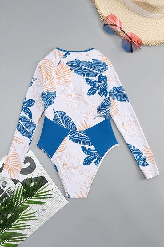 Blue Tropical LongSleeve OnePiece Surfing Swimsuit - steven wick