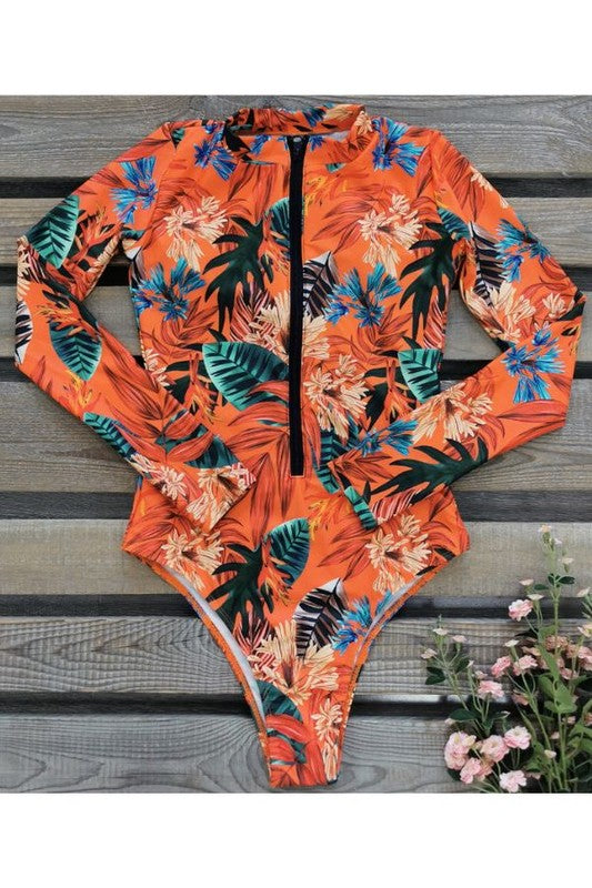 Leaf Floral Print Front Zip Long Sleeve Rash Guard - steven wick