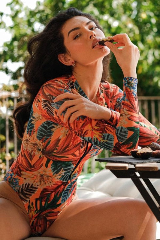 Leaf Floral Print Front Zip Long Sleeve Rash Guard - steven wick