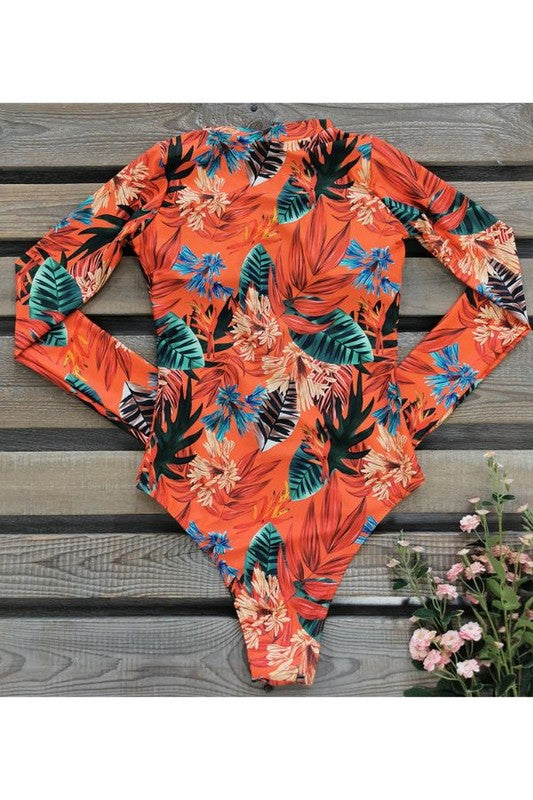 Leaf Floral Print Front Zip Long Sleeve Rash Guard - steven wick