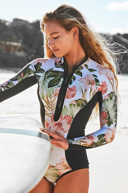 Palm Leaf Print Long Sleeve Zip UPF50 Rash Guard - steven wick
