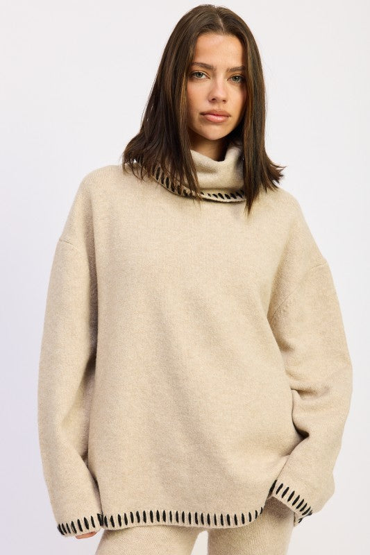 Oversized Turtleneck Sweater with Stitching - steven wick