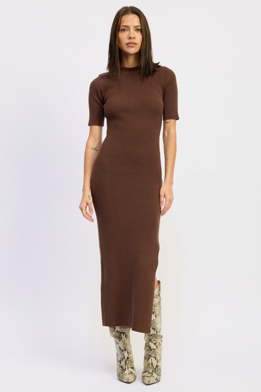 Ribbed Sweater Midi Dress with Slit - steven wick
