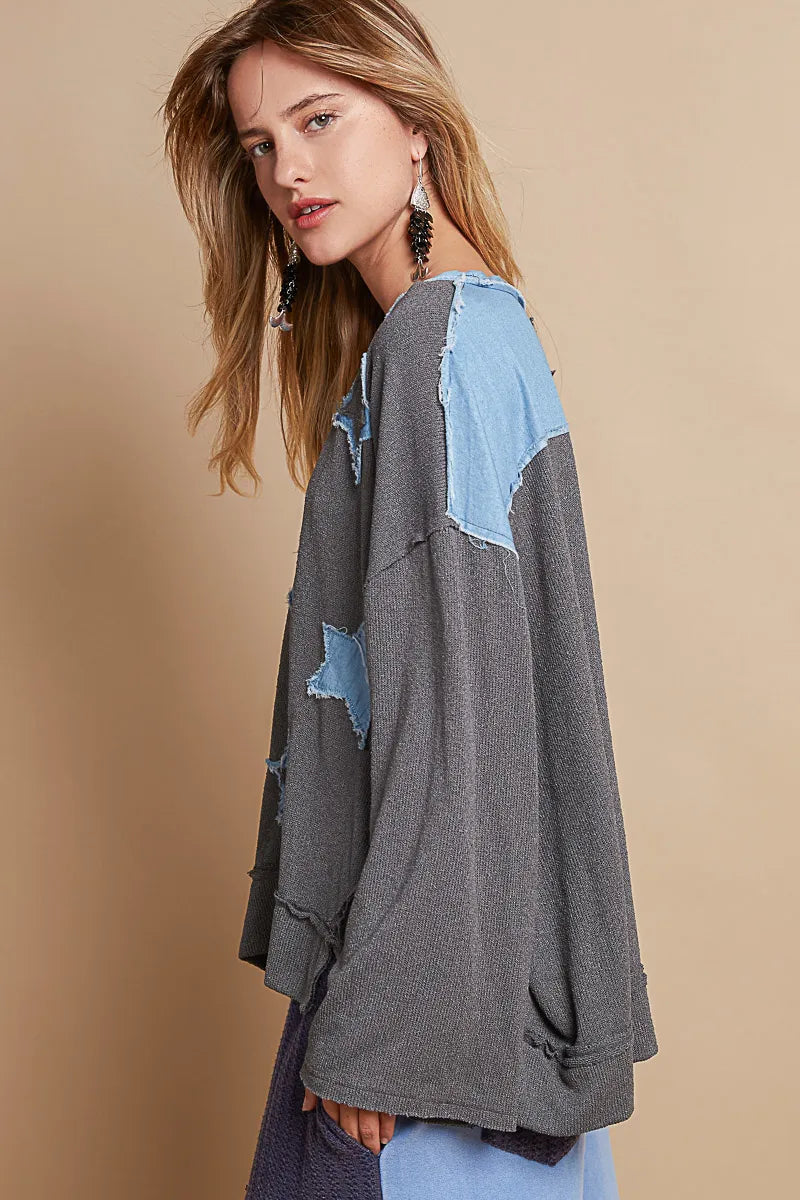 Exposed Seam Relaxed Fit Sweater with Star Denim Patch - steven wick