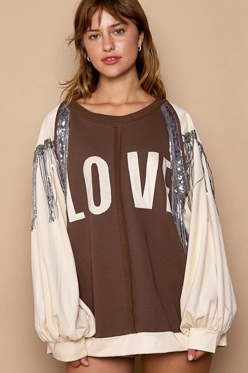 Balloon Sleeve French Terry Sweatshirt with Sequin Tassel - steven wick
