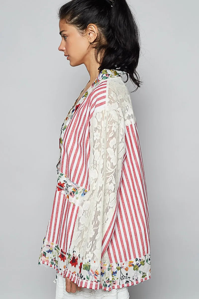 Lace Long Sleeve Striped Cardigan with Floral Patchwork Detail - steven wick