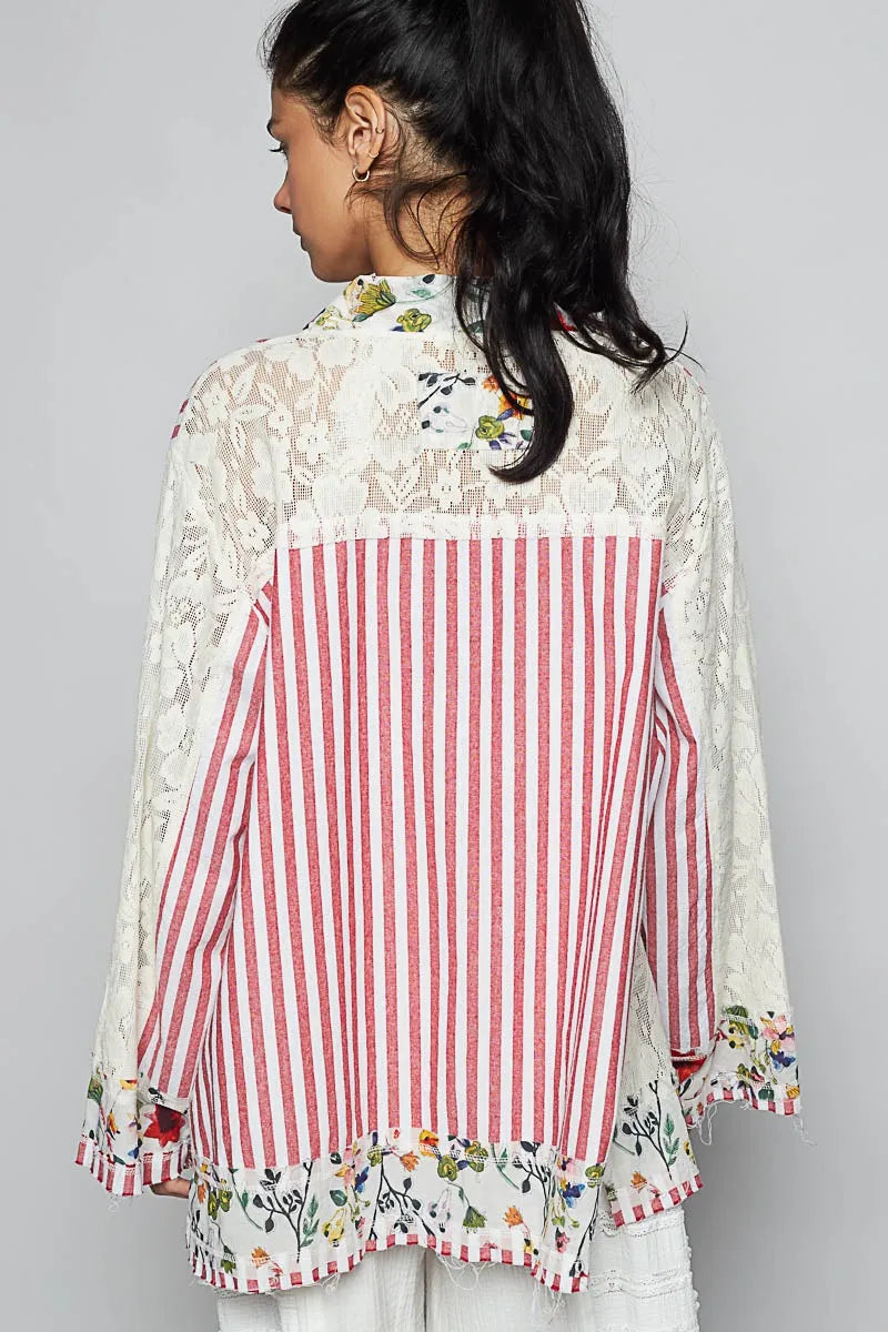 Lace Long Sleeve Striped Cardigan with Floral Patchwork Detail - steven wick