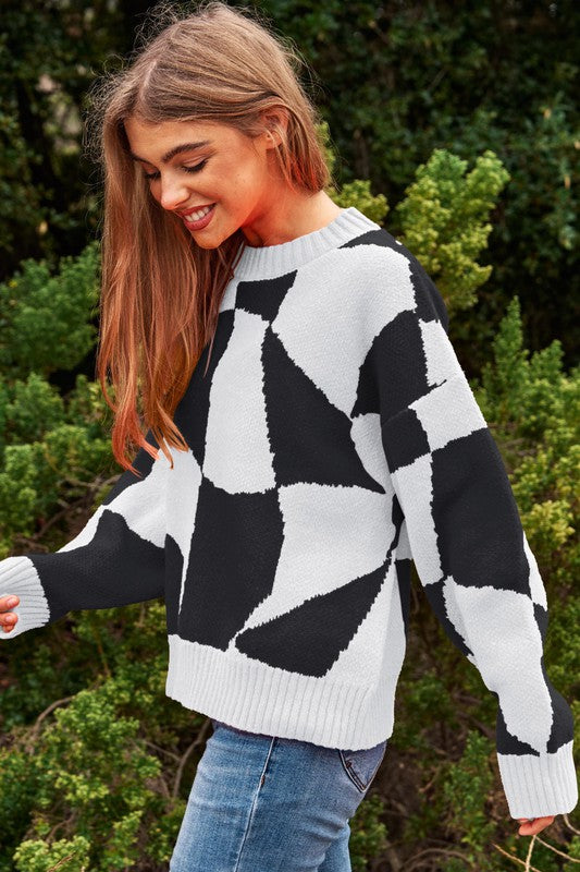 Multi Geo Checker Pullover Knit Sweater Top - steven wick