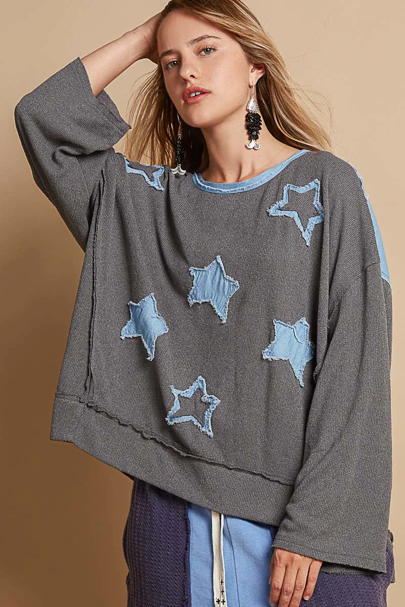 Exposed Seam Relaxed Fit Sweater with Star Denim Patch - steven wick