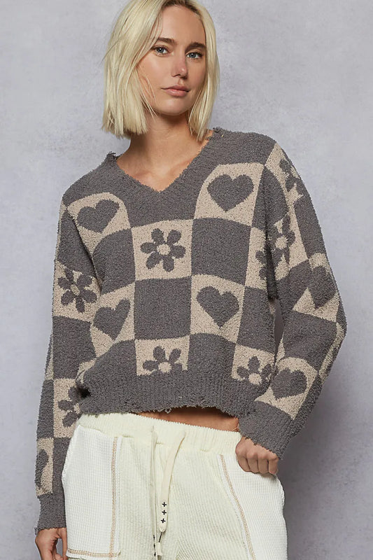 V-Neck Heart Pattern Checkered Sweater - steven wick