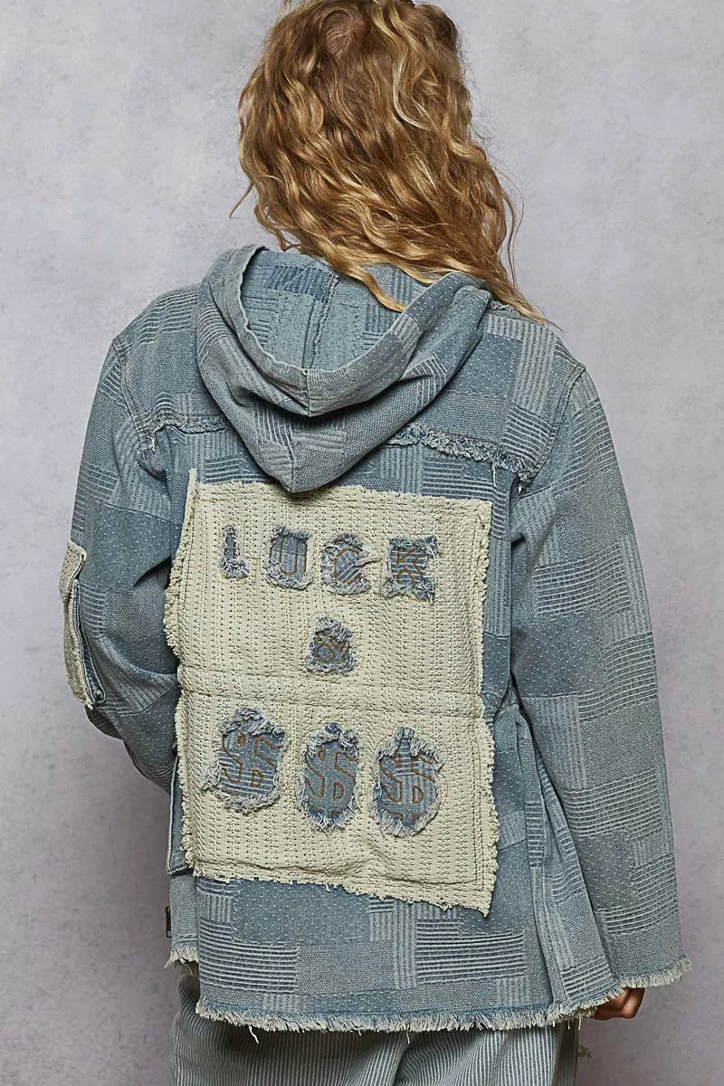 POL Raw Hem Drawstring Zip Up Hooded Denim Jacket - steven wick