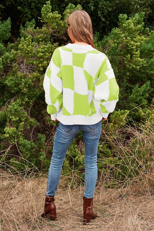 Multi Geo Checker Pullover Knit Sweater Top - steven wick