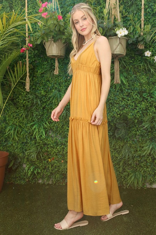 Low Cut Mustard Spaghetti Strap Maxi Tank Dress - steven wick