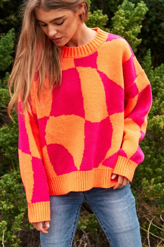 Multi Geo Checker Pullover Knit Sweater Top - steven wick