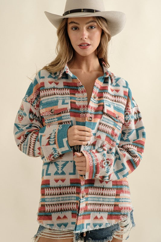 Long-sleeved Frayed Aztec Western Shacket - steven wick