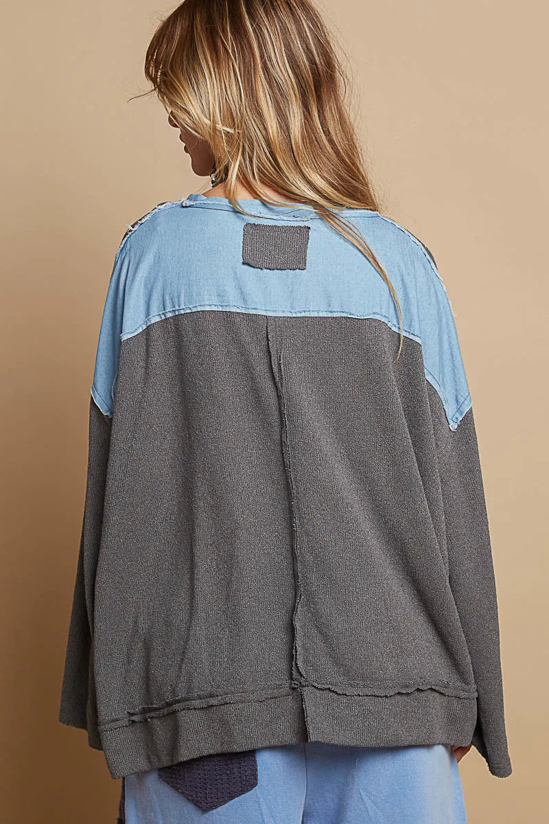 Exposed Seam Relaxed Fit Sweater with Star Denim Patch - steven wick
