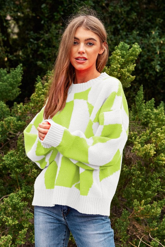 Multi Geo Checker Pullover Knit Sweater Top - steven wick