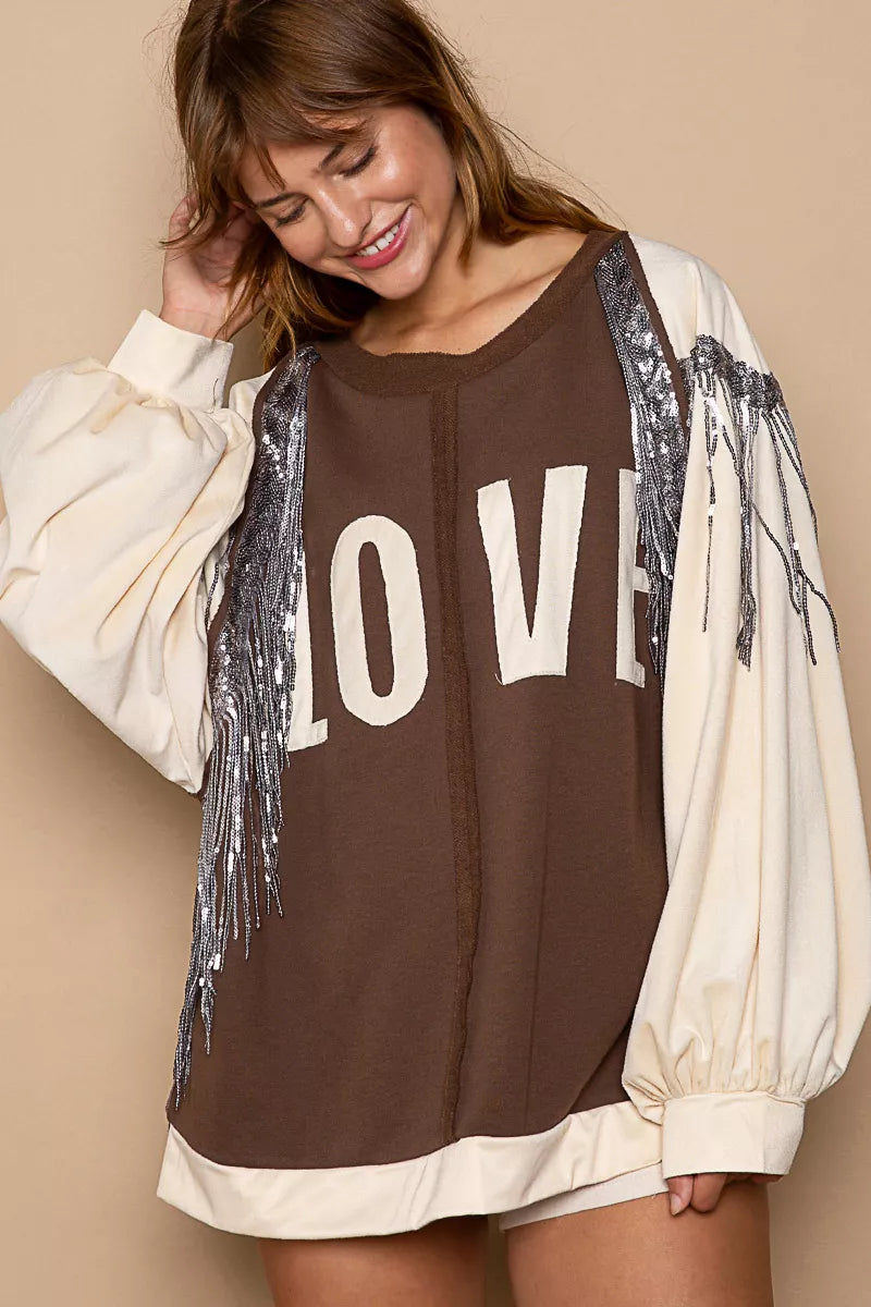 Balloon Sleeve French Terry Sweatshirt with Sequin Tassel - steven wick