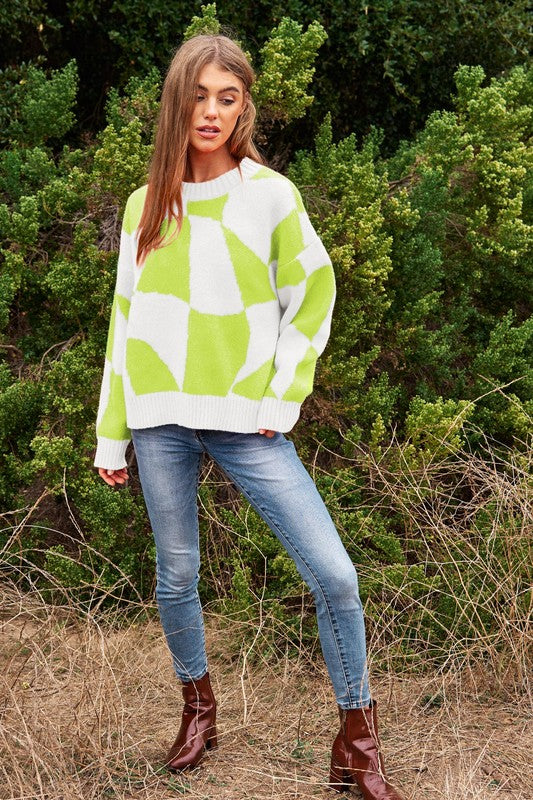 Multi Geo Checker Pullover Knit Sweater Top - steven wick