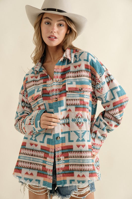 Long-sleeved Frayed Aztec Western Shacket - steven wick