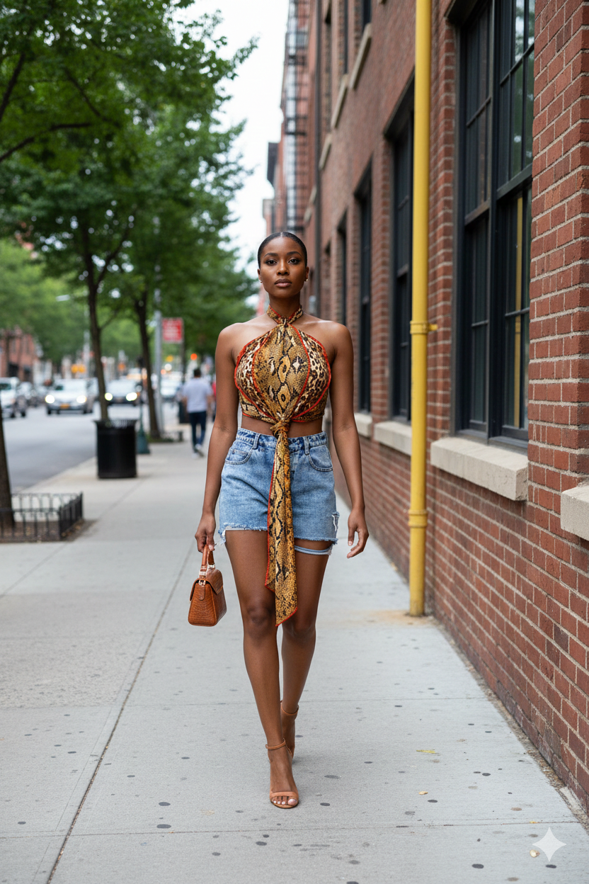 Snake Print Cropped Halter Top