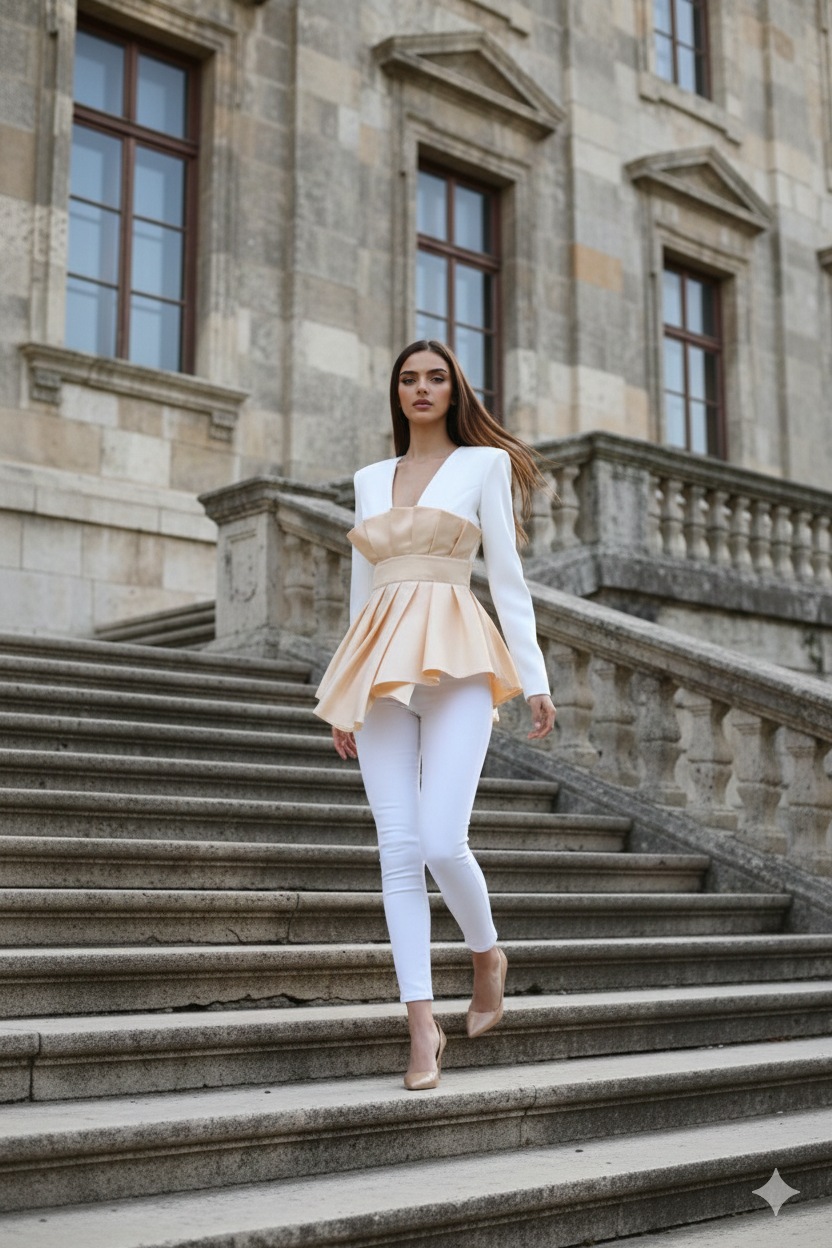 White Champagne Long Sleeve Pleated Satin Front Overley Top