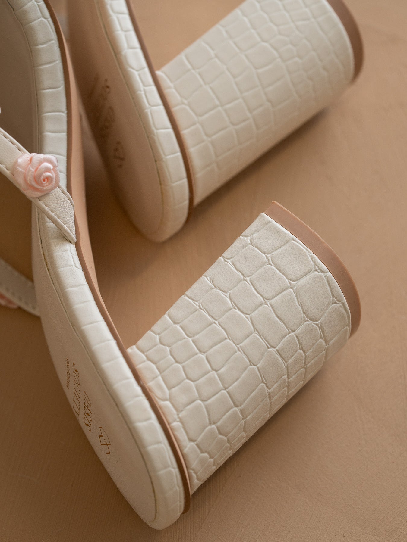 The Nia | White Rosette Adorned Block Heel