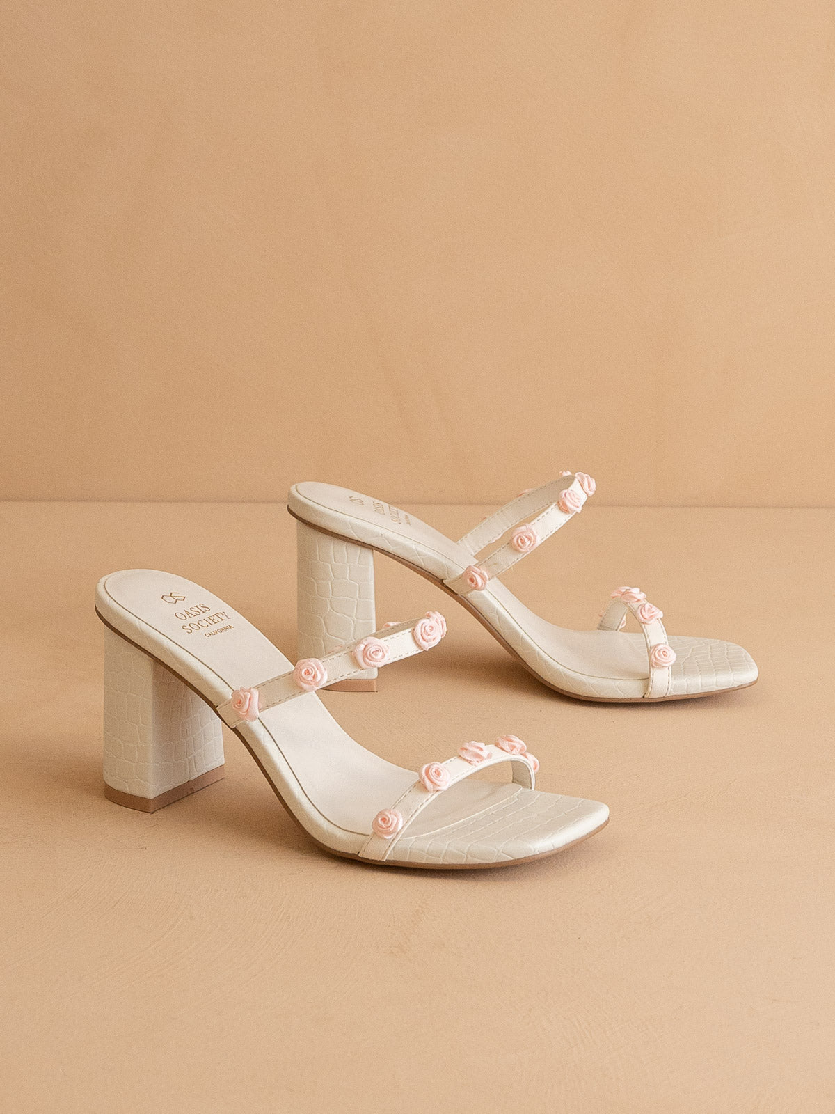The Nia | White Rosette Adorned Block Heel - steven wick