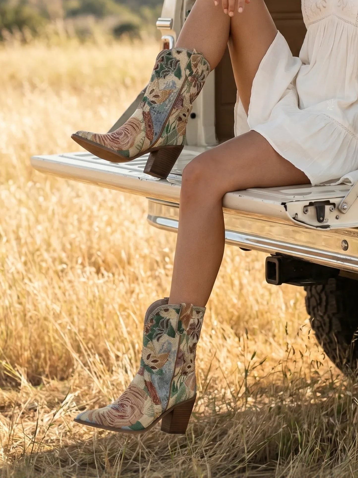The Sorrel | Vintage Floral Tapestry Print Western Cowgirl Bootie