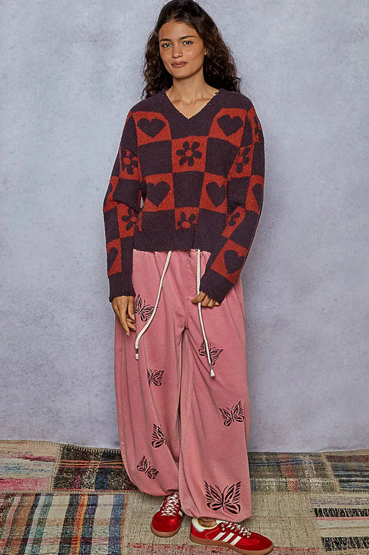 V-Neck Heart Pattern Checkered Sweater - steven wick