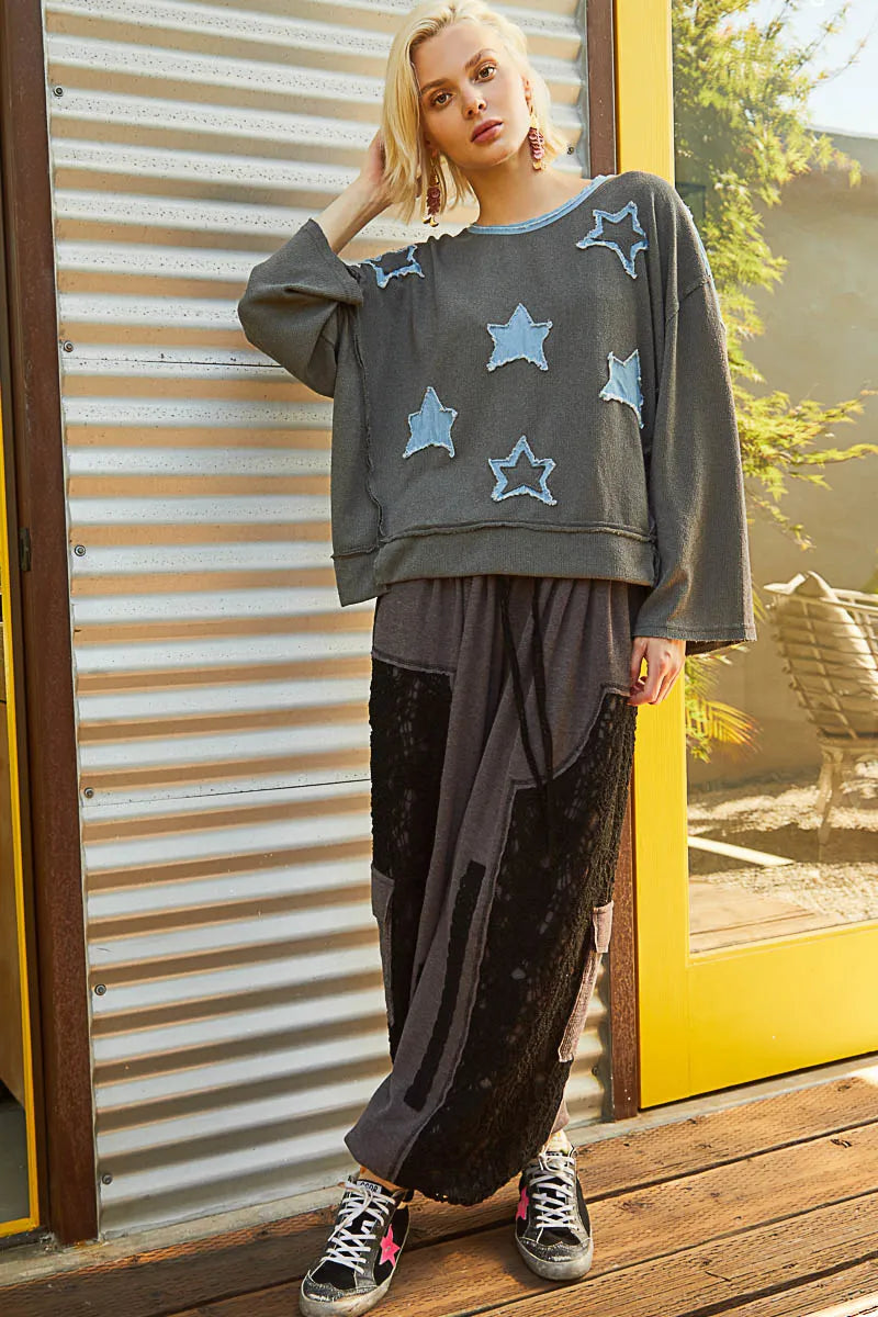 Exposed Seam Relaxed Fit Sweater with Star Denim Patch - steven wick