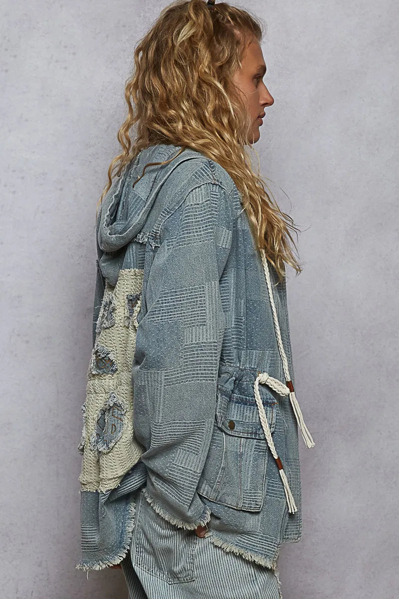 POL Raw Hem Drawstring Zip Up Hooded Denim Jacket - steven wick