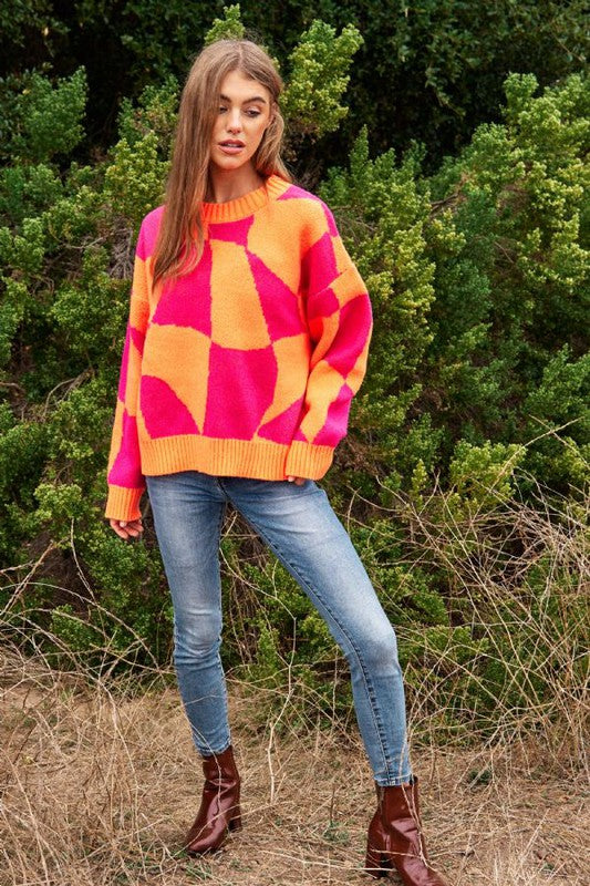 Multi Geo Checker Pullover Knit Sweater Top - steven wick