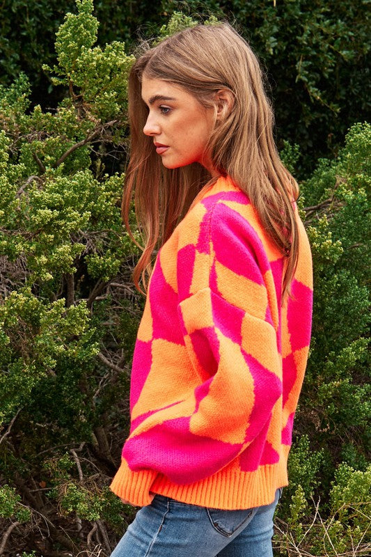 Multi Geo Checker Pullover Knit Sweater Top - steven wick