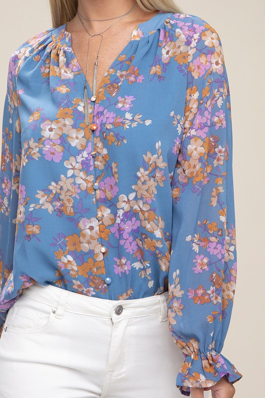 Floral Long-Sleeved Chiffon Blouse - steven wick