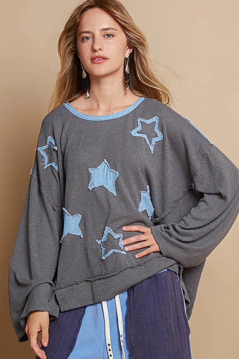Exposed Seam Relaxed Fit Sweater with Star Denim Patch - steven wick