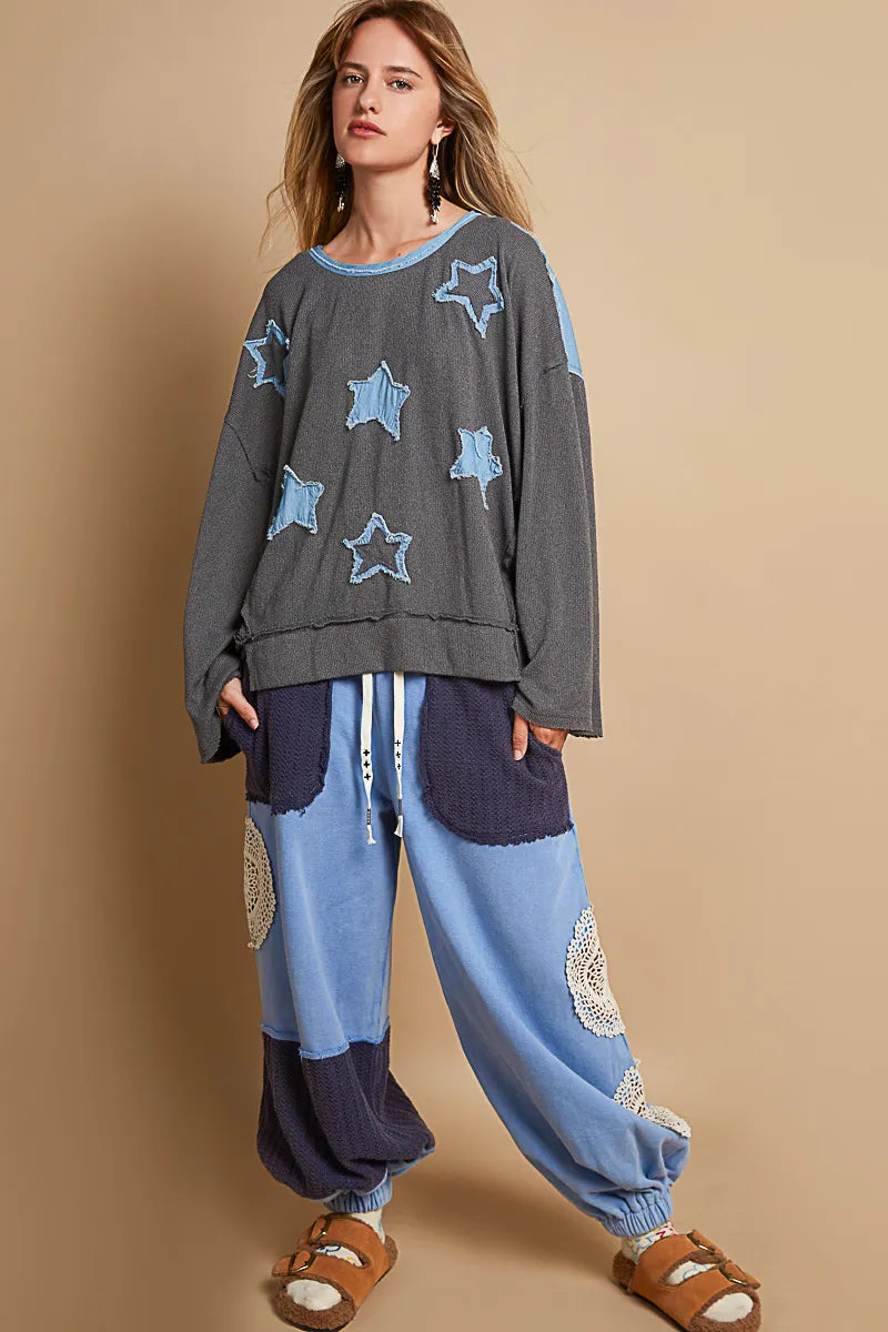 Exposed Seam Relaxed Fit Sweater with Star Denim Patch - steven wick