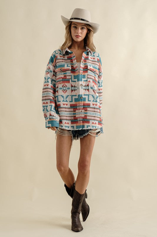 Long-sleeved Frayed Aztec Western Shacket - steven wick