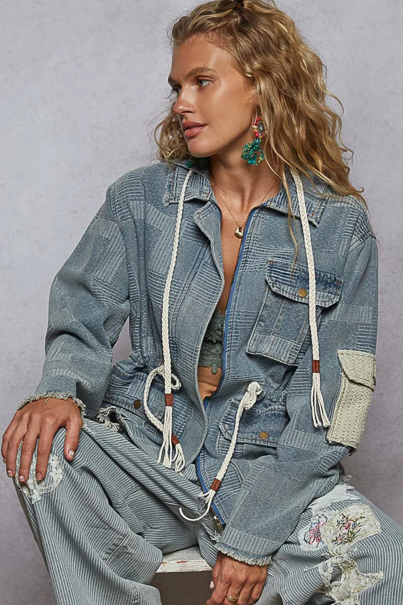 POL Raw Hem Drawstring Zip Up Hooded Denim Jacket - steven wick