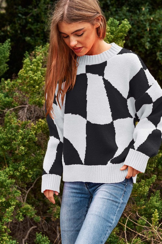 Multi Geo Checker Pullover Knit Sweater Top - steven wick